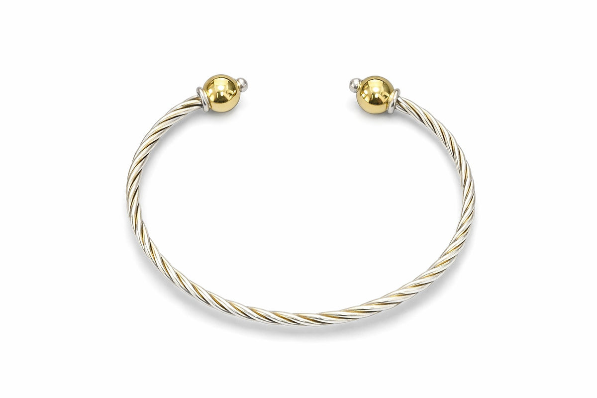 Twisted Cape Cod Style Cuff Bracelet; 14kt Gold Balls, Sterling Silver Base