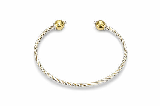 Twisted Cape Cod Style Cuff Bracelet; 14kt Gold Balls, Sterling Silver Base