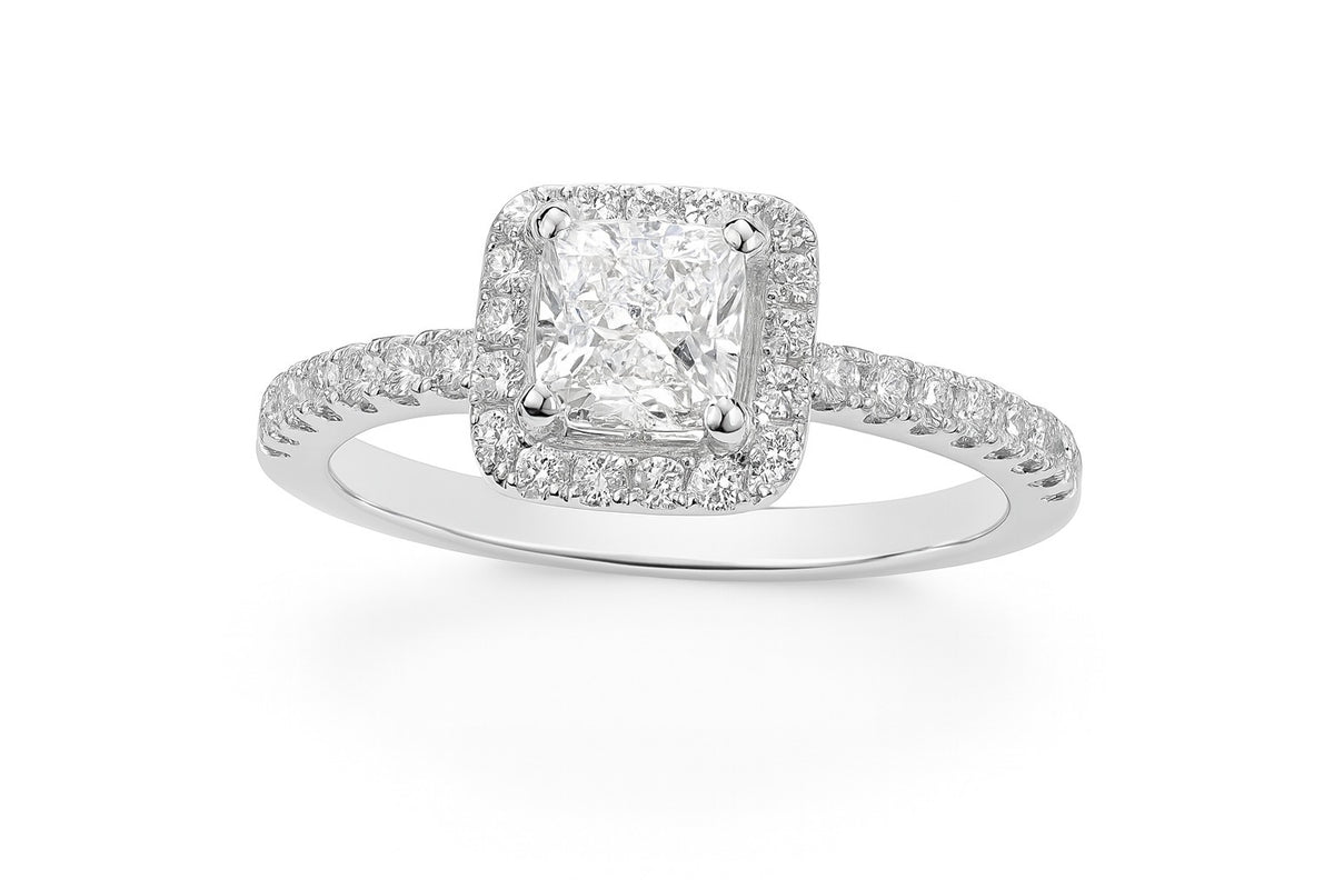 14K White Gold Princess Cut Diamond Halo Engagement Ring, 0.91 ct
