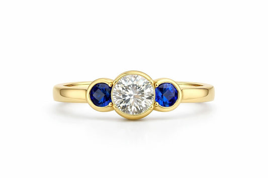 14K Yellow Gold Round Diamond and Sapphire Three-Stone Ring, 1.05 ct