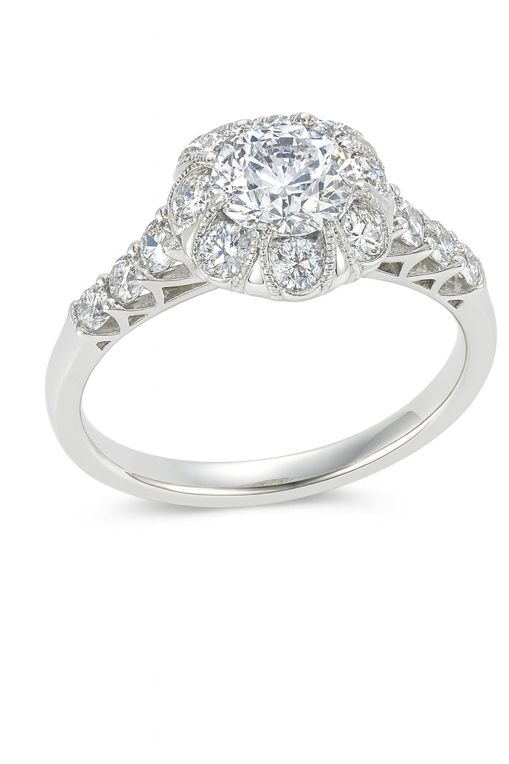 14K White Gold Round Diamond Ring, 0.37 ct Center
