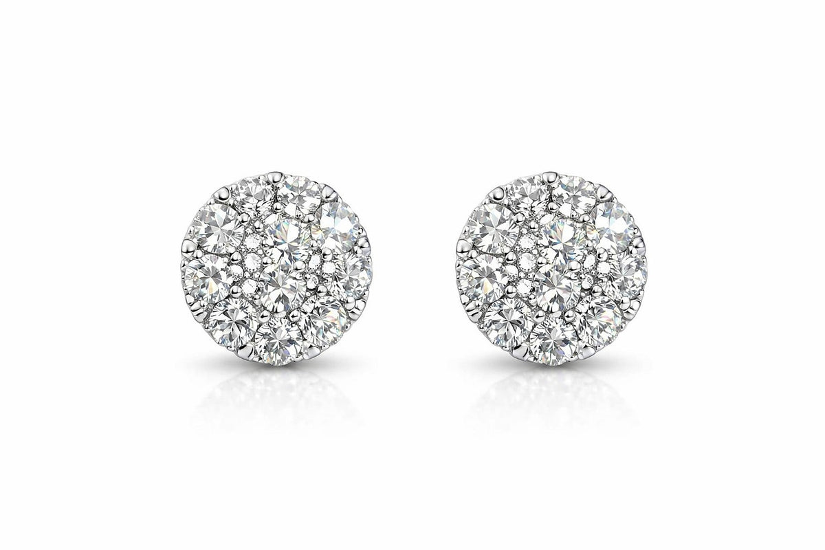18K White Gold Diamond Cluster Stud Earrings, 2.00 ct