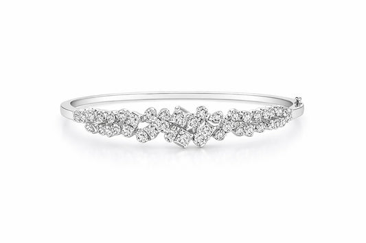 14K White Gold Princess and Round Diamond Cluster Bangle, 2.90 ct