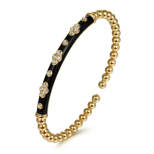 Enamel - 14K Yellow Gold Bujukan Beads and Diamond Split Bangle Bracelet with Black Enamel Bracelet