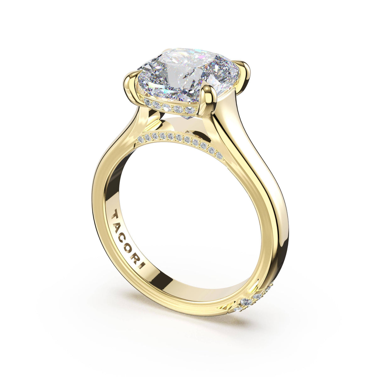 18K Yellow Gold Engraved Diamond Setting for Cushion Center, 0.13 ct