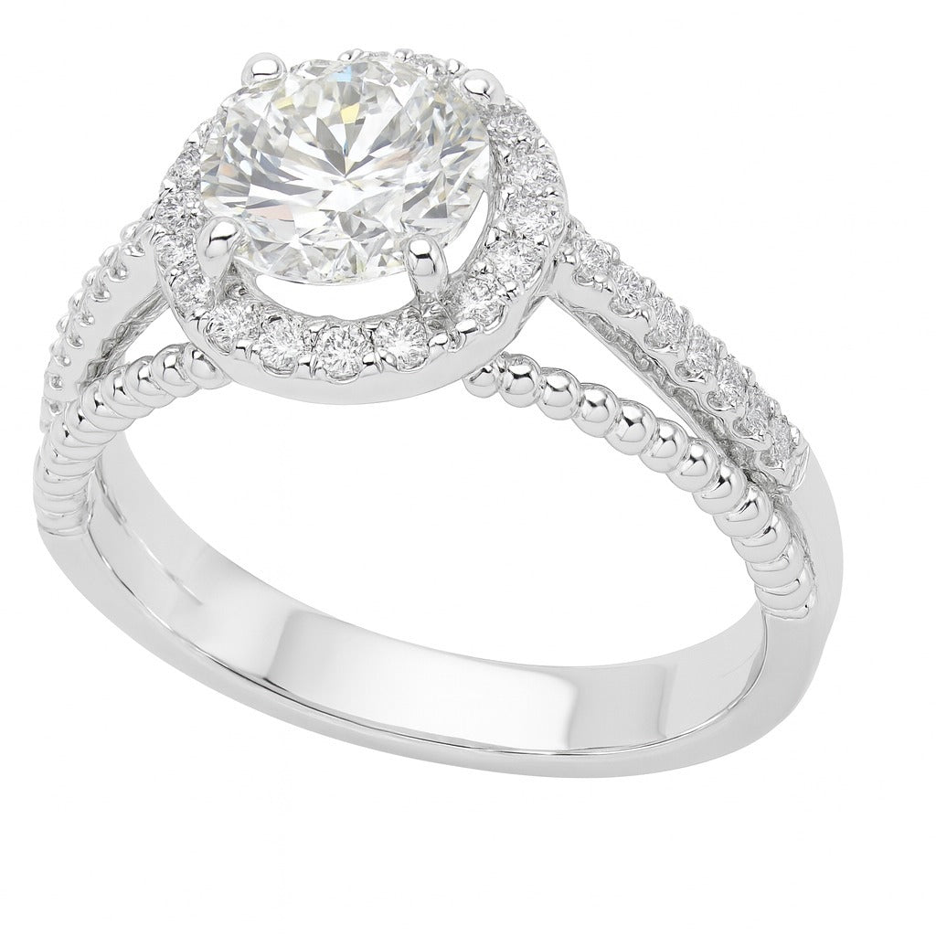 14K White Gold Diamond Halo Engagement Ring, 1.00 ct Center