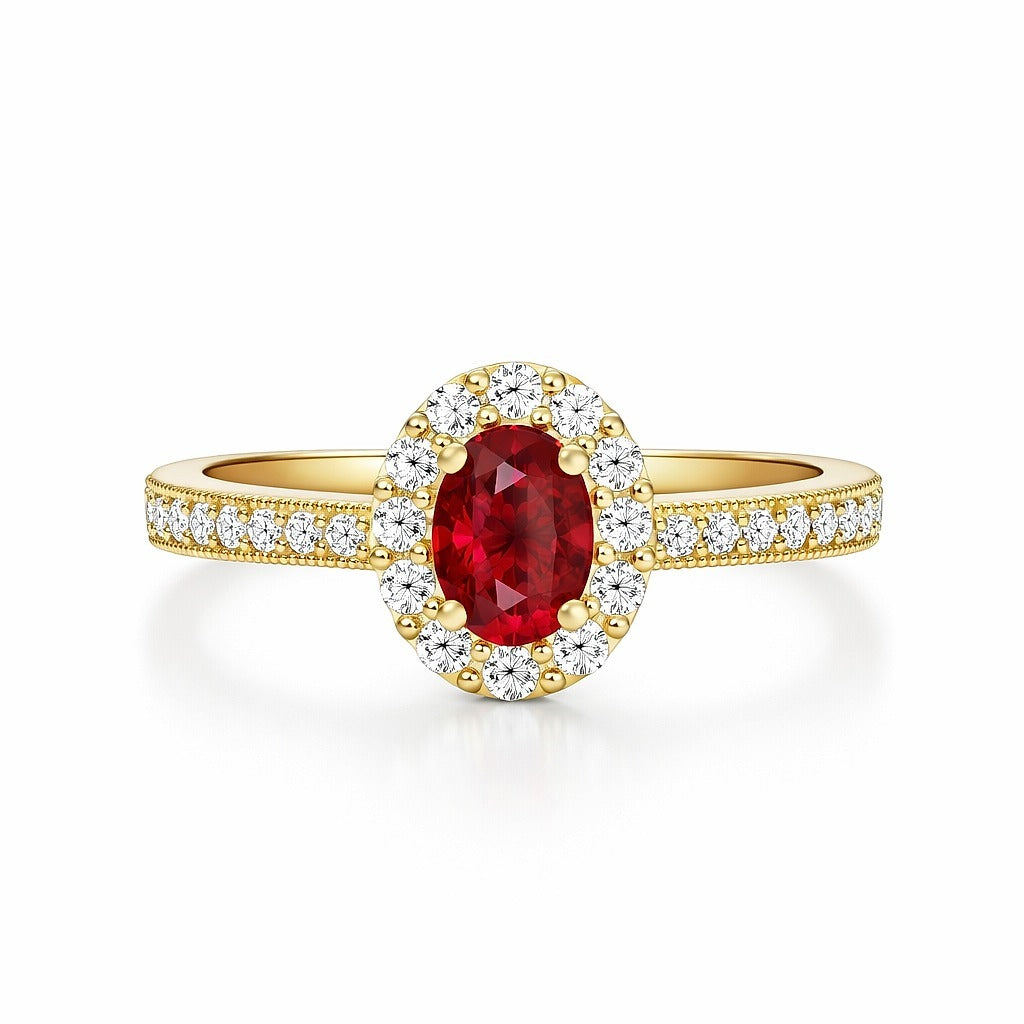 18K Yellow Gold Oval Ruby and Diamond Ring, 1.02 ct Ruby