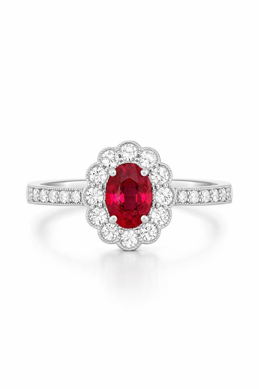 18K White Gold Oval Ruby and Diamond Ring, 0.89 ct
