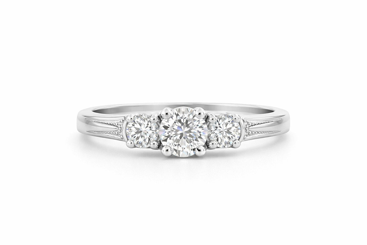 Platinum Round Diamond Three-Stone Engagement Ring, 0.80 ct