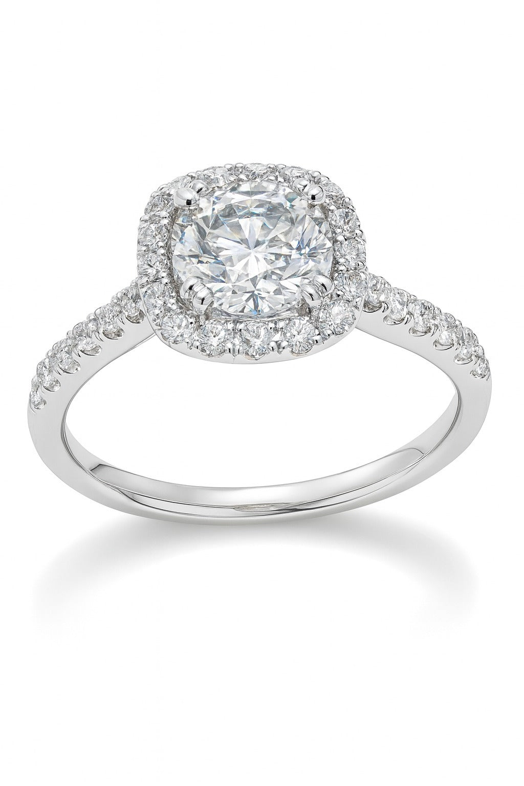 14K White Gold Round Diamond Halo Engagement Ring, 0.90 ct Center
