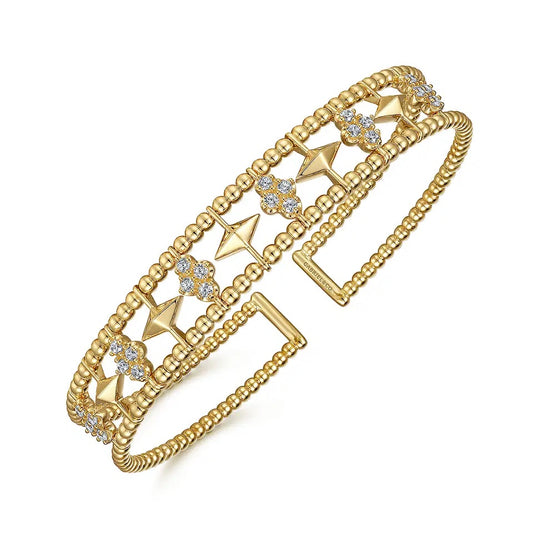 14K Yellow Gold Bujukan Diamond Cluster and Gold Pyramid Cuff Bracelet