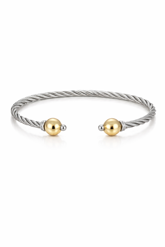 Twisted Cape Cod Style Cuff Bracelet; 14kt Gold Balls, Sterling Silver Base