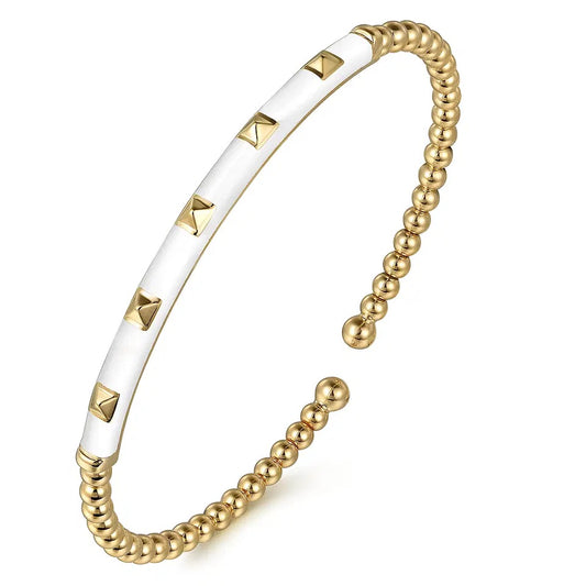 Enamel - 14K Yellow Gold Bujukan Beads and Pyramid Split Bangle with White Enamel Bracelet