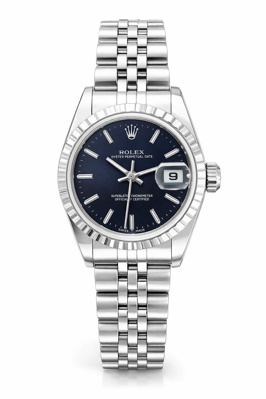 Pre-Owned Rolex Watch with Blue Dial, Fluted Bezel, and Jubilee Bracelet In Stainless Steel Model 79240