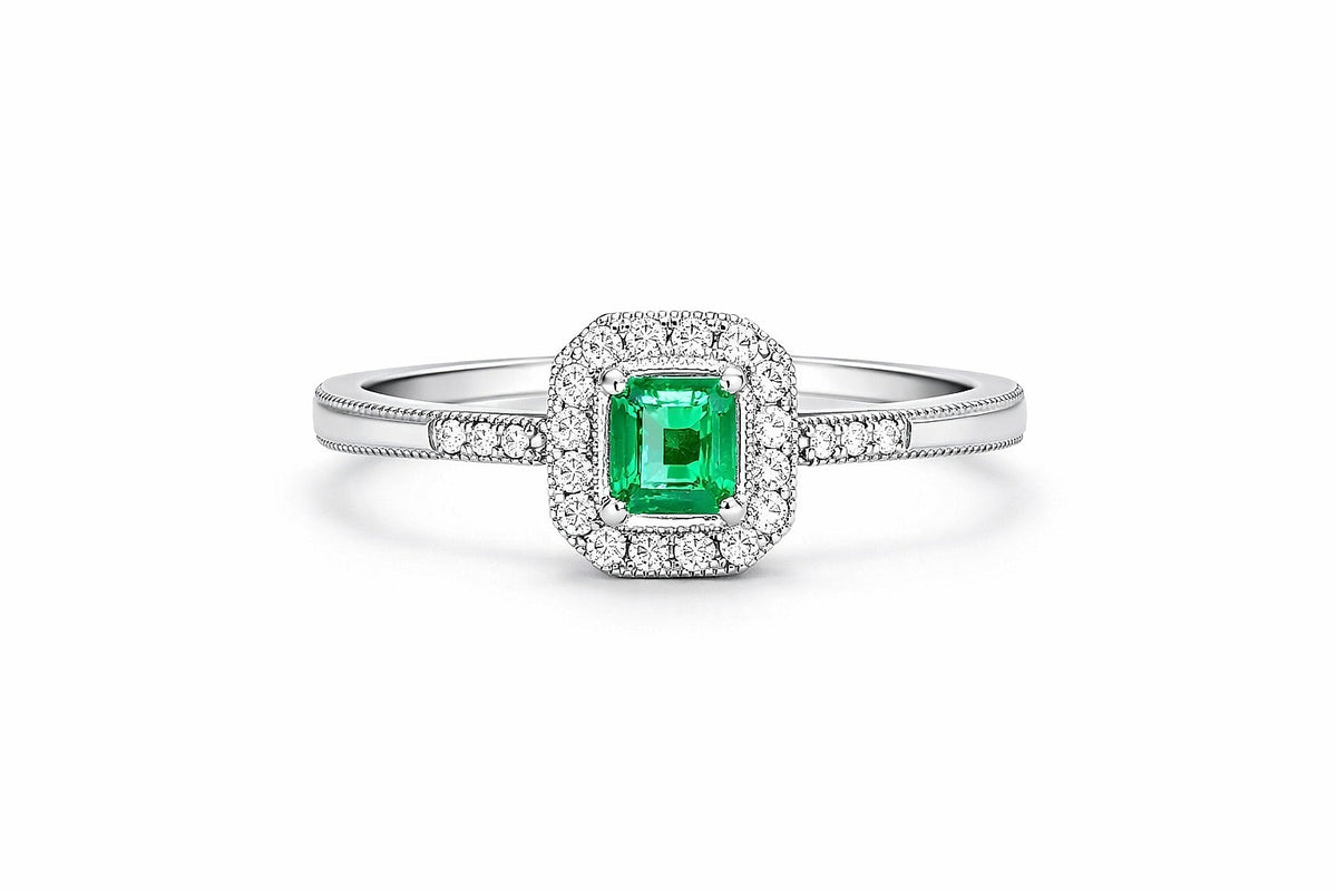 14K White Gold Emerald and Diamond Halo Ring, 0.50 ct