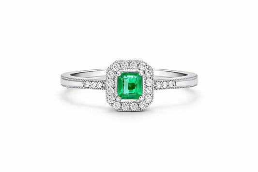 14K White Gold Emerald and Diamond Halo Ring, 0.50 ct