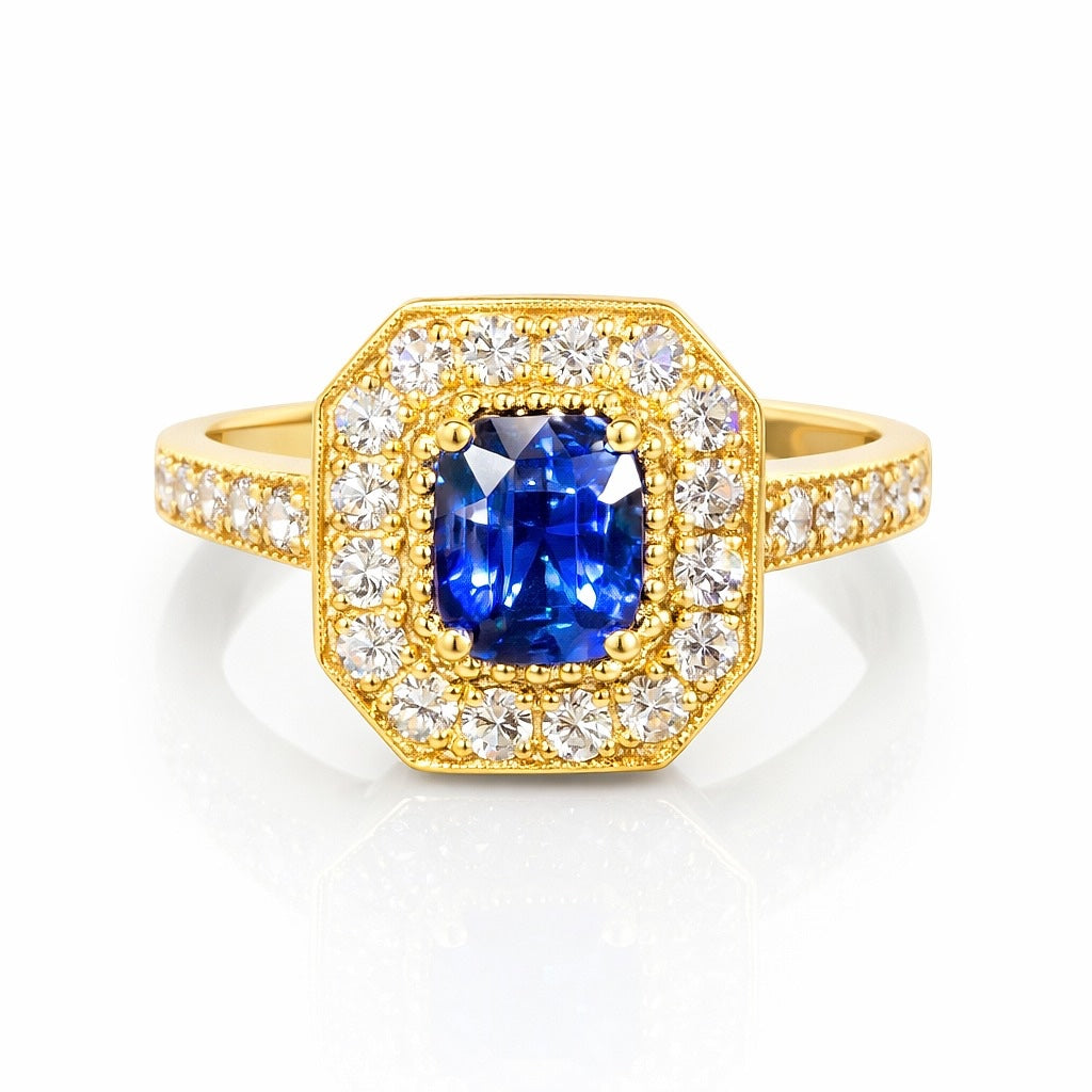 18K Yellow Gold Sapphire and Diamond Ring, 1.50 ct Sapphire