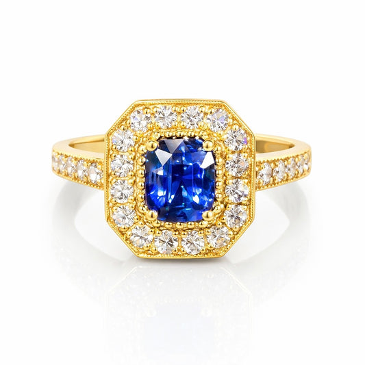 18K Yellow Gold Sapphire and Diamond Ring, 1.50 ct Sapphire