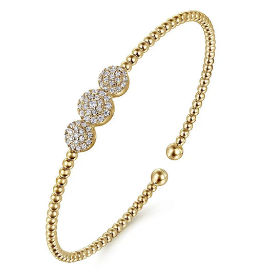 14K Yellow Gold Bujukan Bead Cuff Bracelet with Three Pave Diamond Stations Bracelet