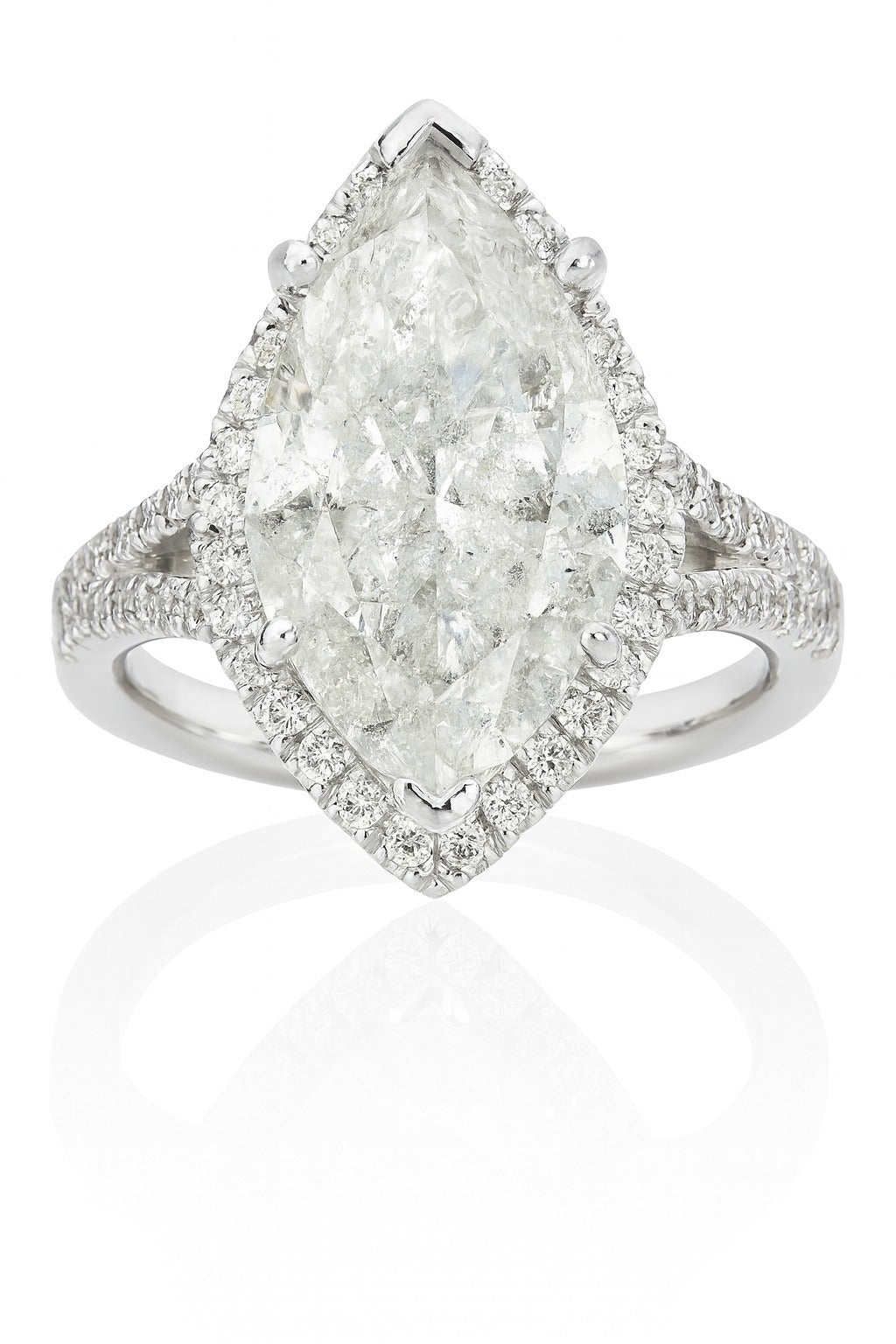 14K White Gold Marquise Diamond Halo Engagement Ring, 5.33 ct Center
