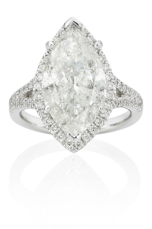 14K White Gold Marquise Diamond Halo Engagement Ring, 5.33 ct Center