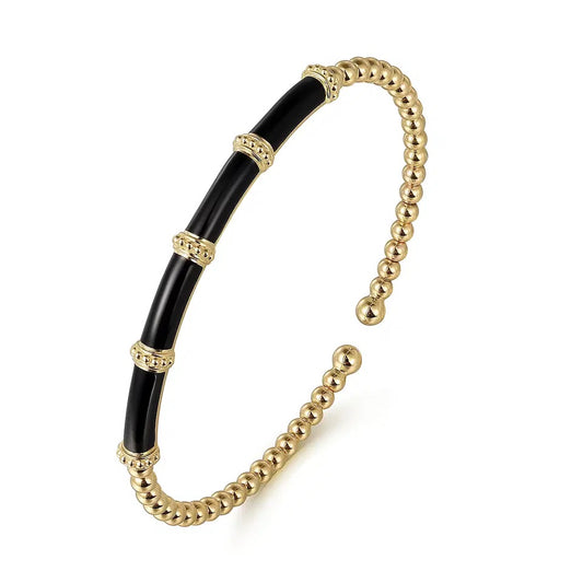 Enamel - 14K Yellow Gold Bujukan Beads Split Bangle with Black Enamel Bracelet