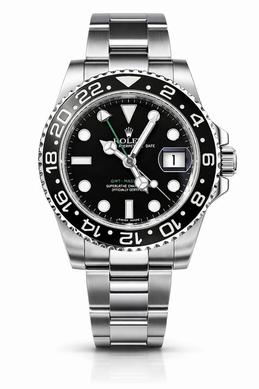 Pre-Owned Rolex GMT-Master II Black Face, Stainless Steel. 116710LN Model Number. Any Box Provided Is Aftermarket