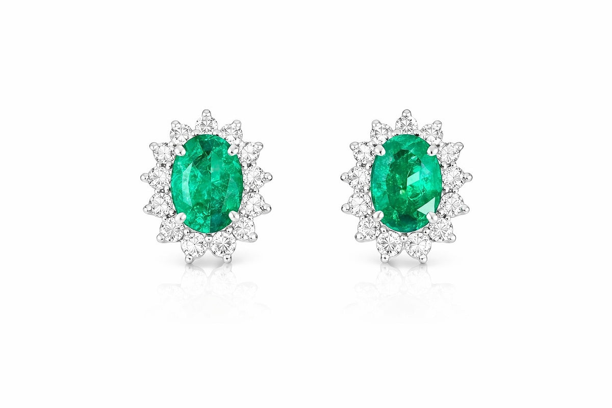 14K White Gold Emerald and Diamond Halo Stud Earrings, 1.04 ct