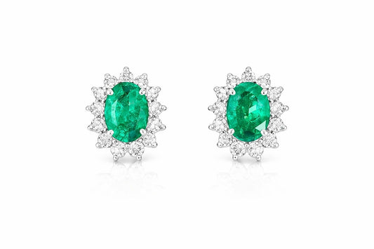14K White Gold Emerald and Diamond Halo Stud Earrings, 1.04 ct