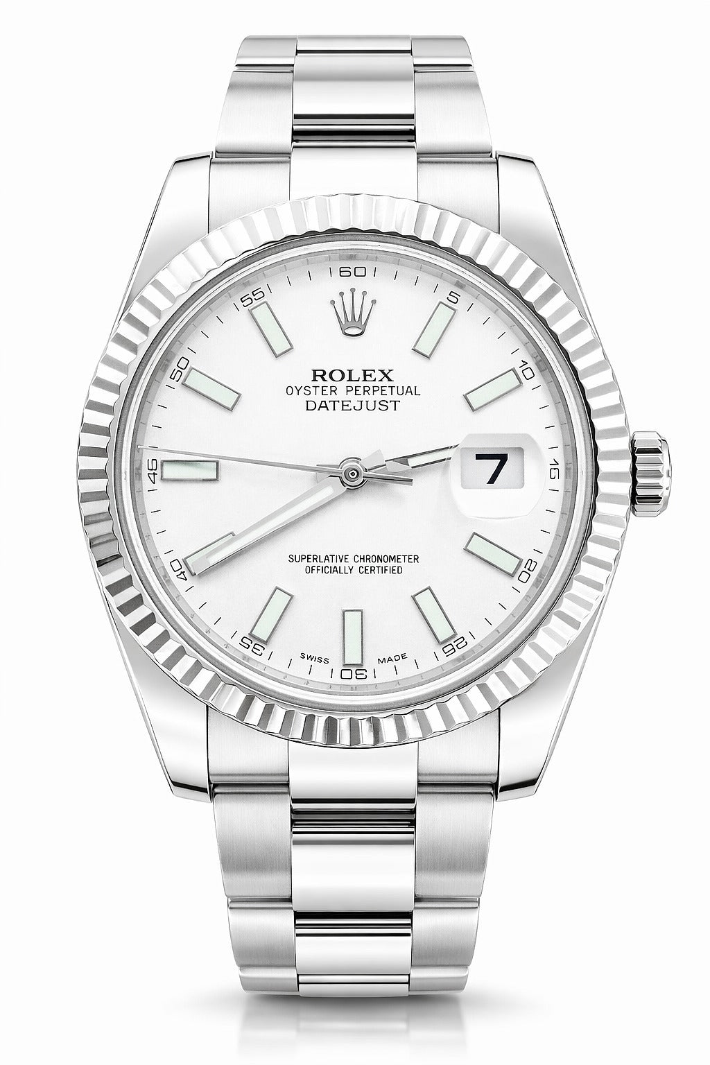 Rolex Datejust Stainless Steel With White Gold Fluted Bezel Oyster Bracelet White Dial 116334
