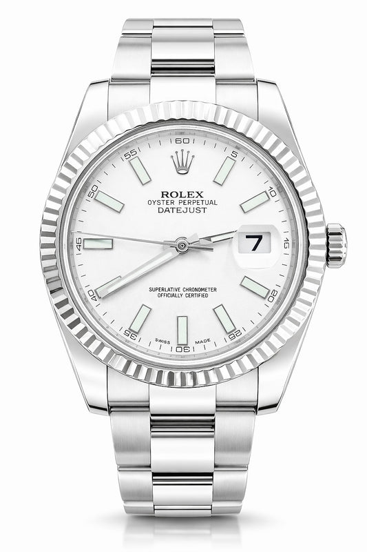 Rolex Datejust Stainless Steel With White Gold Fluted Bezel Oyster Bracelet White Dial 116334