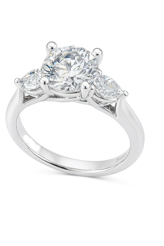 14KT White Gold 3 Stone Gabriel & Co Diamond Engagement Ring With Pear-shaped Sidestones 0.29CTW And Center Round Diamon