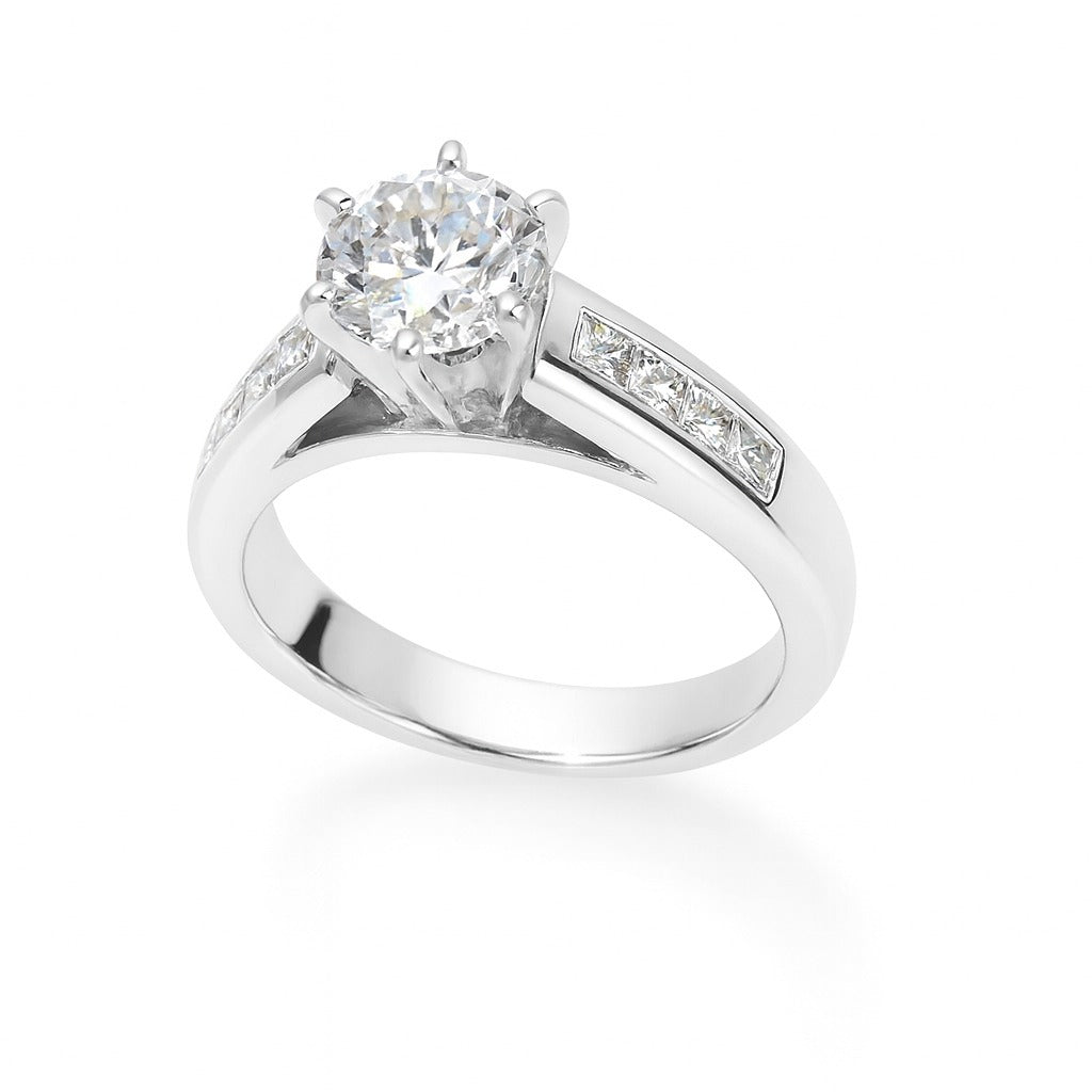 Platinum Round Diamond Ring with Princess Side Stones, 1.40 ct
