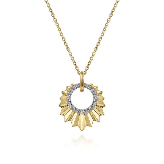 Diamond Cut - 14K Yellow Gold Diamond and Diamond Cut Texture Pendant Necklace