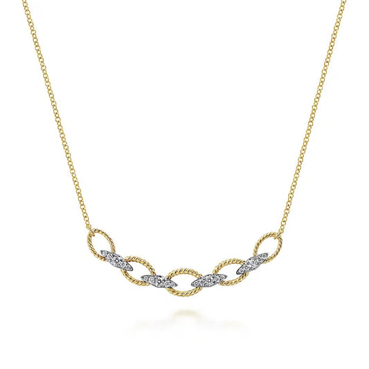 14K Yellow-White Gold Twisted Rope Oval Link Necklace with Diamond Connectors