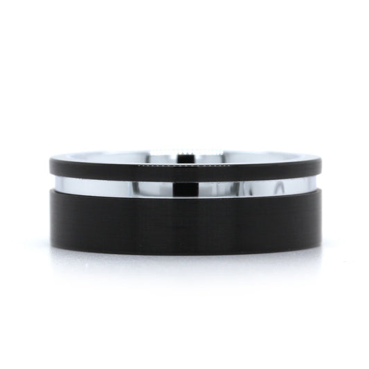 Black Tungsten with White Tungsten Stripe Band