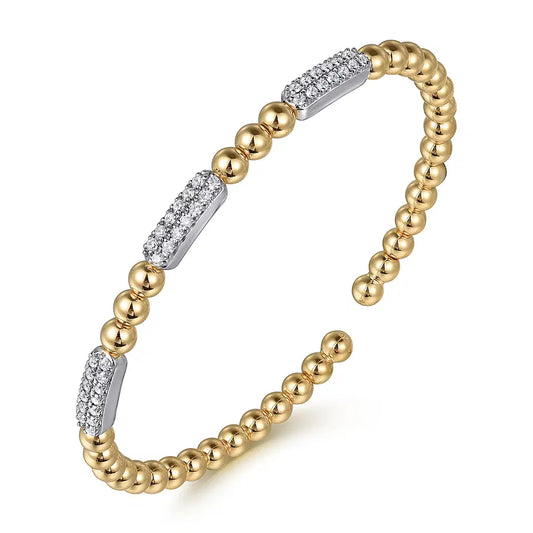 14K White and Yellow Gold Diamond Pave Three Station Bar Bujukan Beads Split Bangle Bracelet