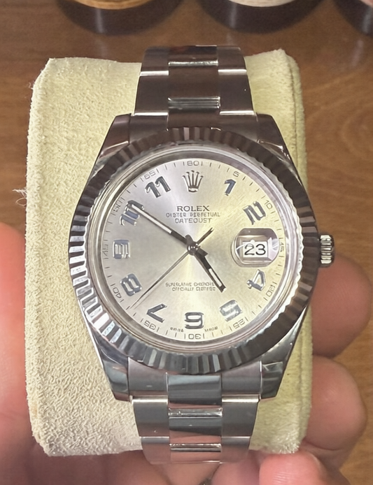 Rolex Datejust Stainless Steel With White Gold Fluted Bezel Oyster Bracelet White Dial 116334