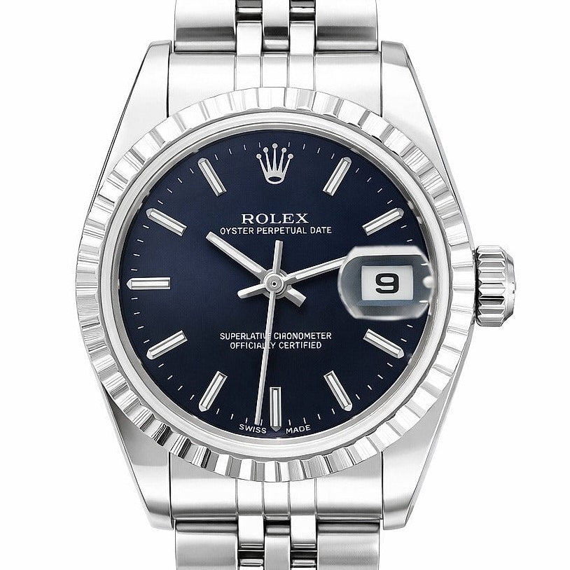 Pre-Owned Rolex Watch with Blue Dial, Fluted Bezel, and Jubilee Bracelet In Stainless Steel Model 79240