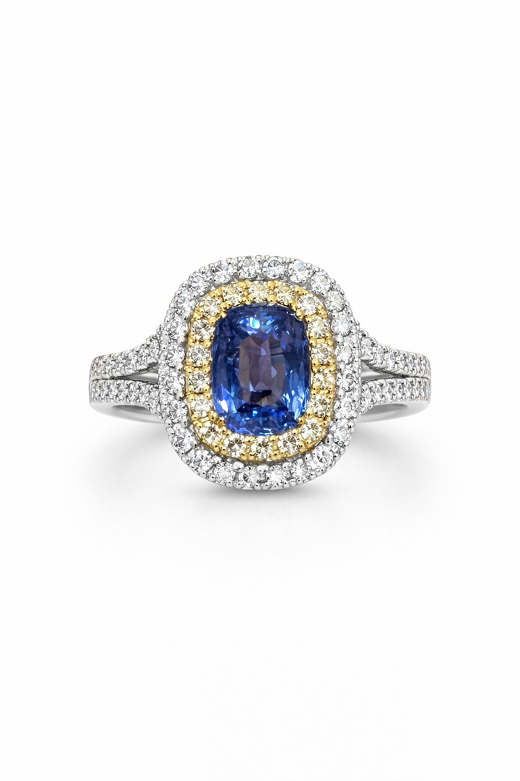 14K two-tone gold sapphire and diamond ring, double halo, split shank