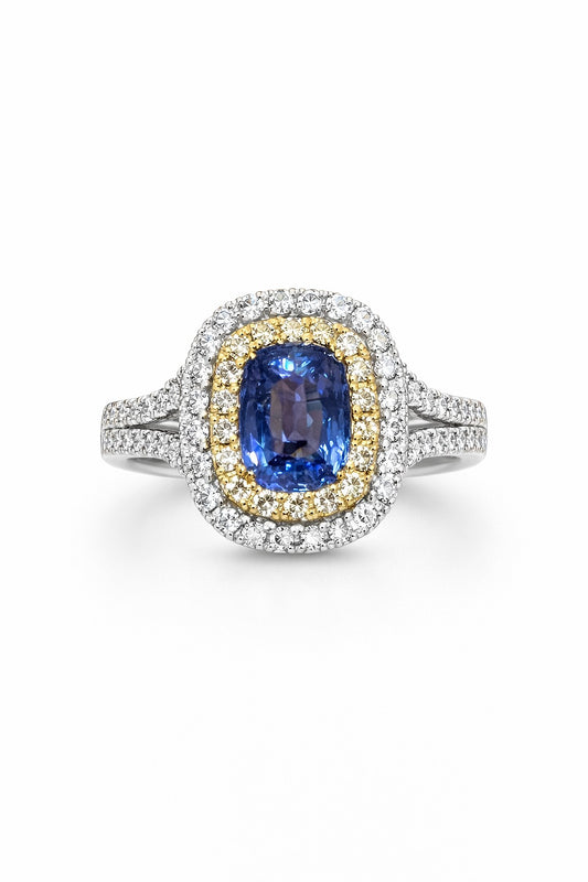 14K two-tone gold sapphire and diamond ring, double halo, split shank