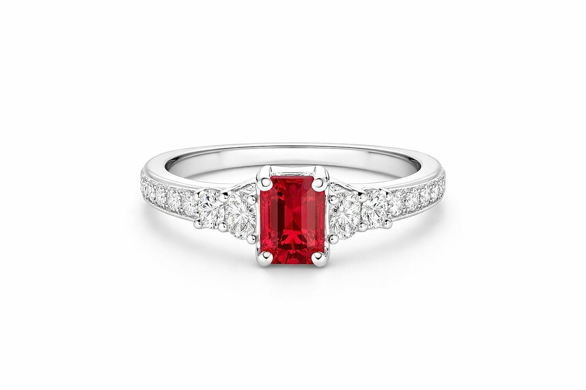 18K White Gold Emerald-Cut Ruby and Diamond Ring, 1.39 ct Ruby