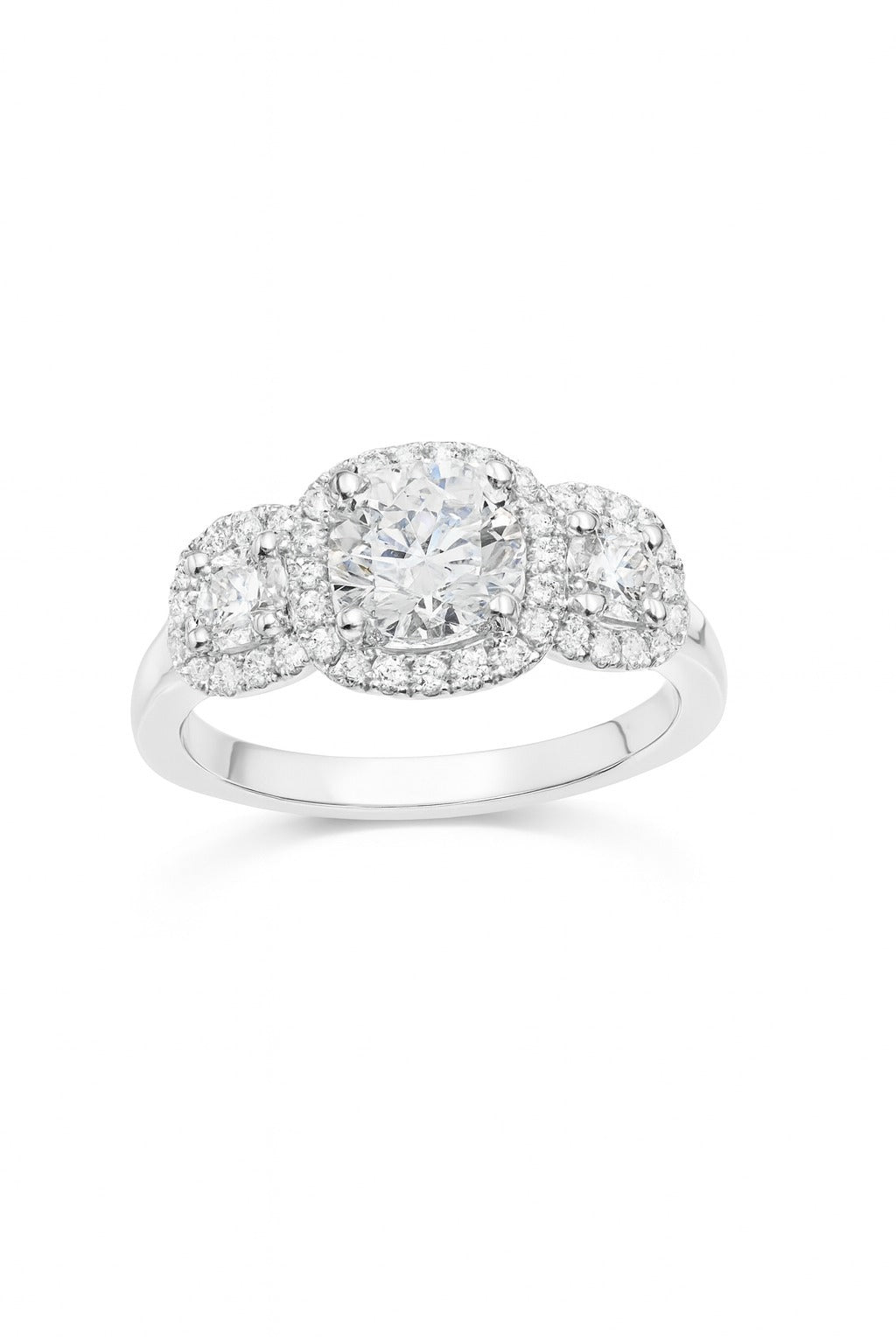 14K White Gold Round Diamond Three-Stone Halo Engagement Ring, 1.50 ct