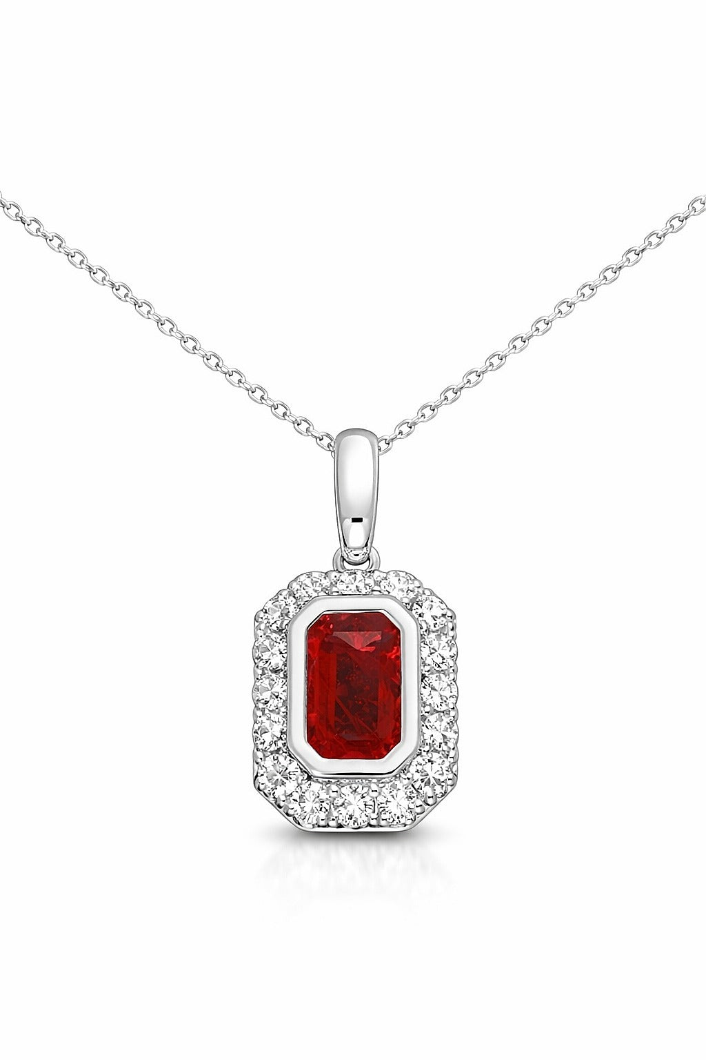 14K White Gold Emerald-Cut Ruby and Diamond Halo Pendant