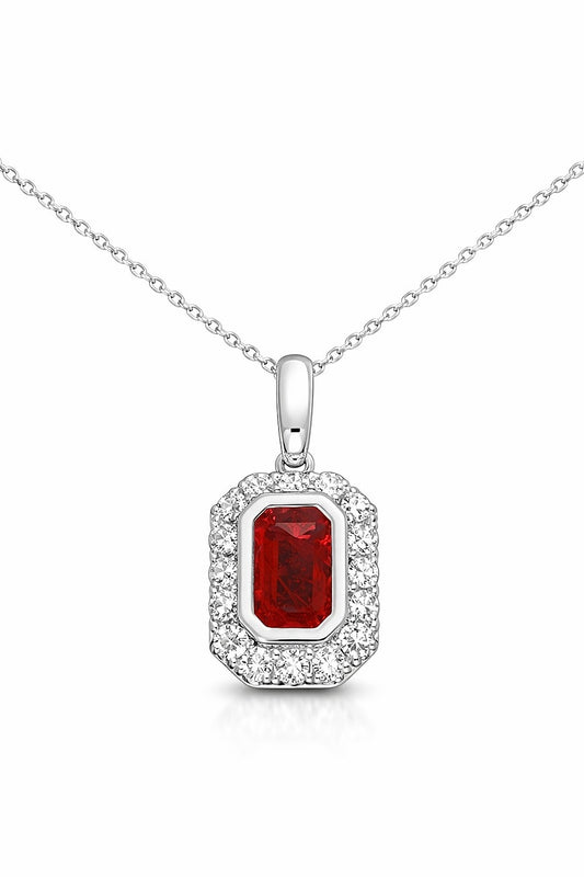 14K White Gold Emerald-Cut Ruby and Diamond Halo Pendant