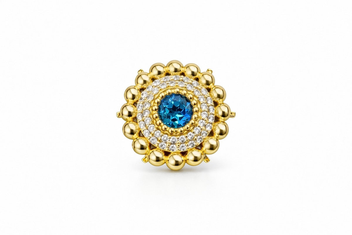 14kt Cranberry Charm, Blue Topaz center