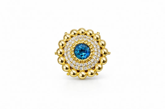 14kt Cranberry Charm, Blue Topaz center