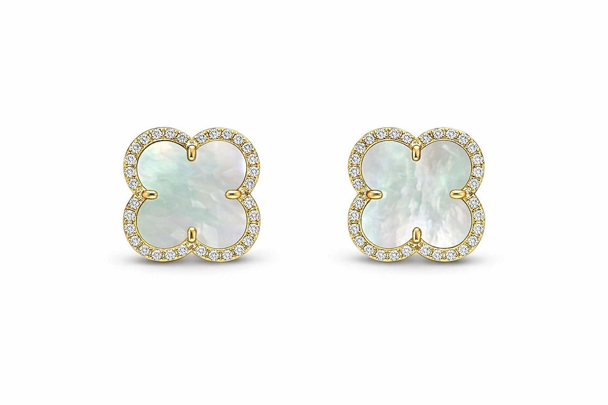 14K Yellow Gold Mother of Pearl and Diamond Clover Stud Earrings, 0.27 ct