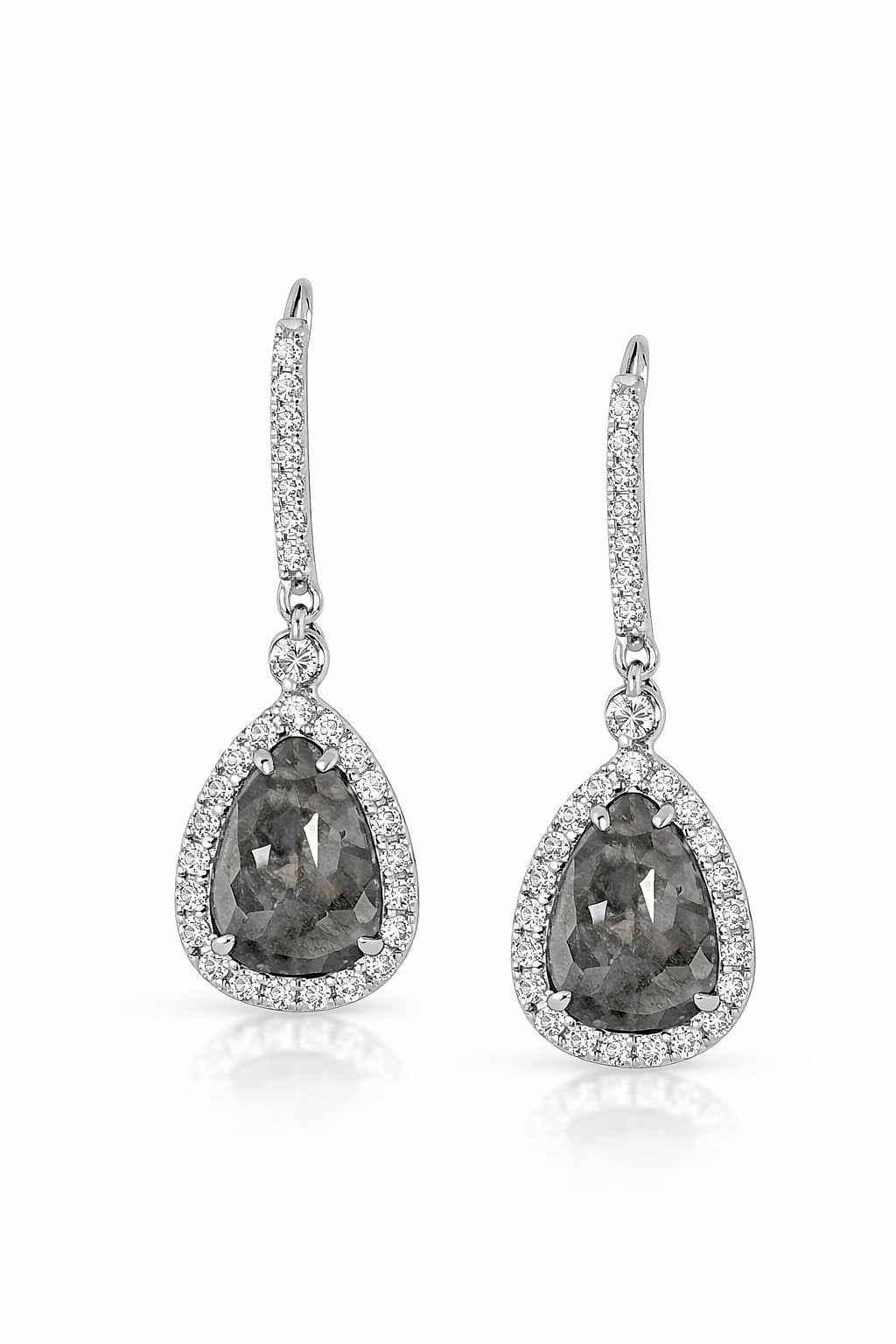 14K White Gold Pear Gray and Round Diamond Earrings, 7.43 ct