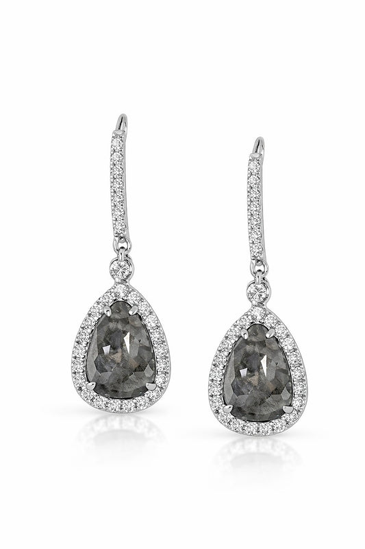 14K White Gold Pear Gray and Round Diamond Earrings, 7.43 ct